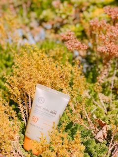 A sunscreen tube labeled 'Natural Sun Eco' with SPF 50+ is nestled among lush greenery and small flowering plants. The scene is bright and sunlit, creating a vibrant and lively atmosphere.