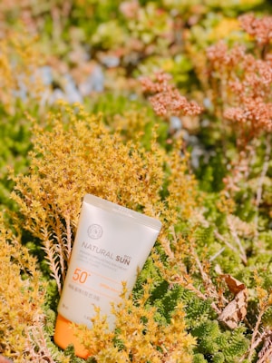 A sunscreen tube labeled 'Natural Sun Eco' with SPF 50+ is nestled among lush greenery and small flowering plants. The scene is bright and sunlit, creating a vibrant and lively atmosphere.