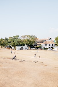 A spacious field with dry grass where several people are playing cricket. Trees and residential buildings with traditional architecture are visible in the background. The sky is clear and bright.