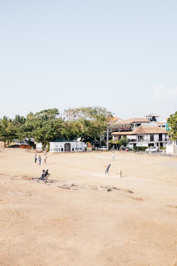 A spacious field with dry grass where several people are playing cricket. Trees and residential buildings with traditional architecture are visible in the background. The sky is clear and bright.