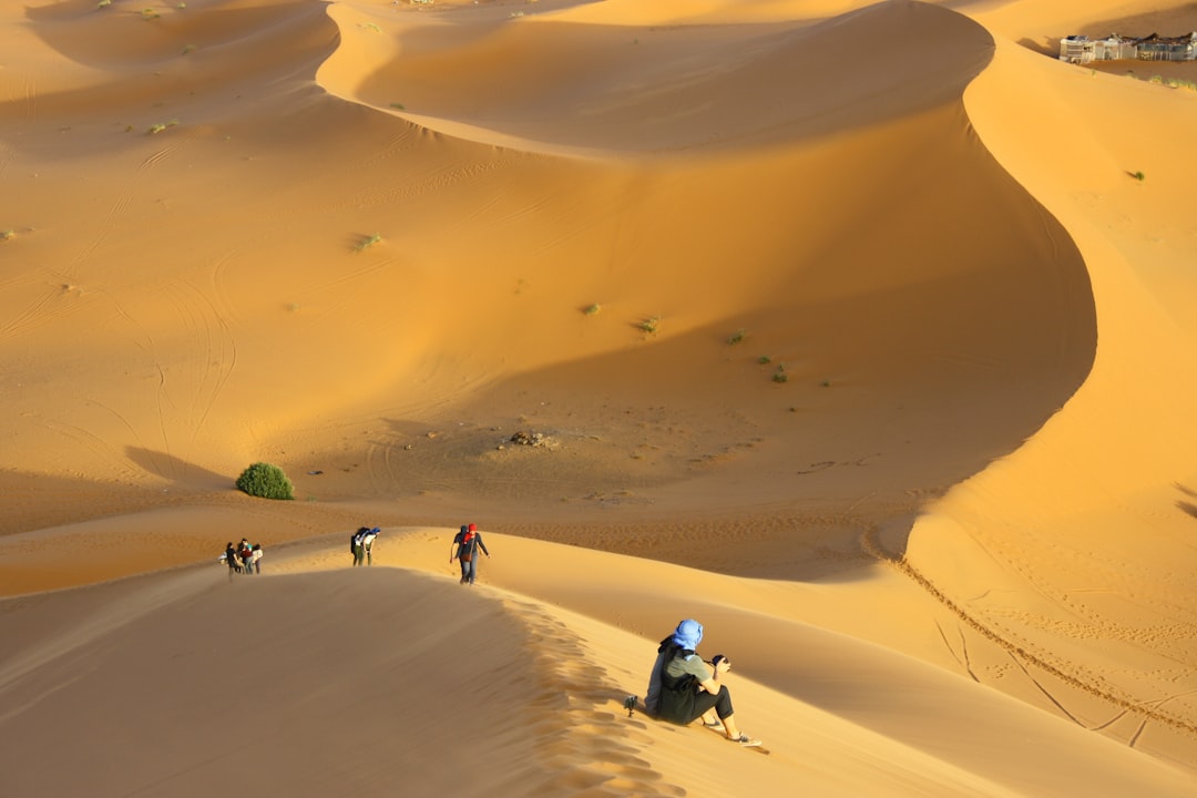 group of people standing on desert, Climbing the dunes