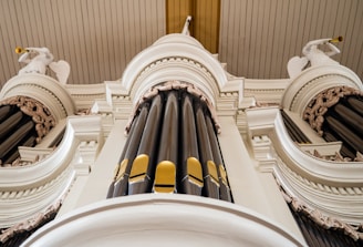 An ornate pipe organ with intricate detailing is depicted. The image captures the impressive vertical structure of the organ pipes, surrounded by decorative carvings and embellishments. Two figures, possibly angels, emerge from the sides, each holding a trumpet.