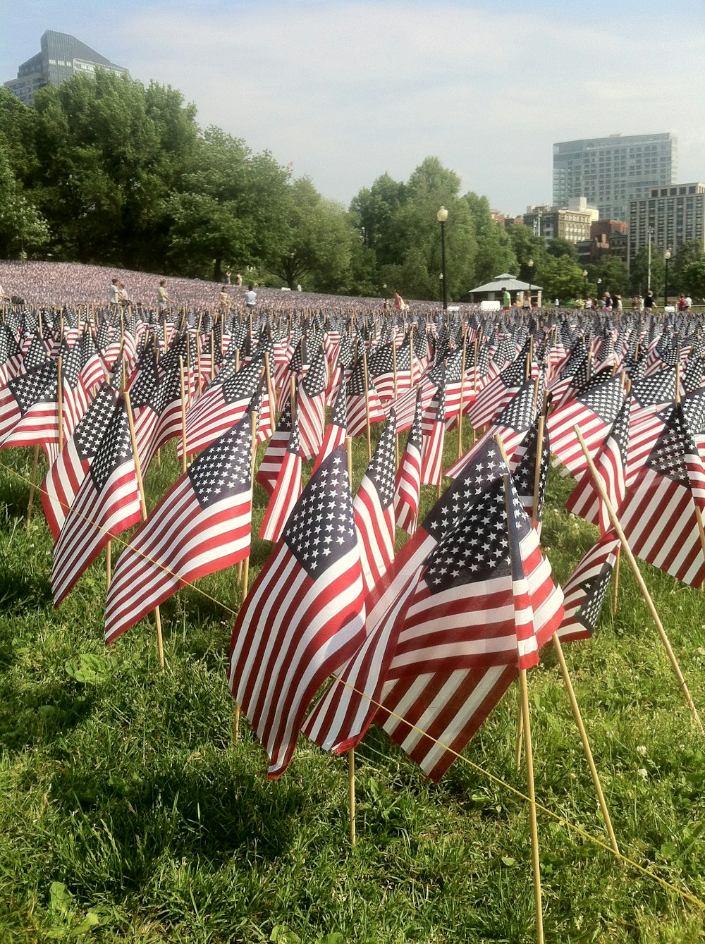 people standing near US flaglets background of buildings