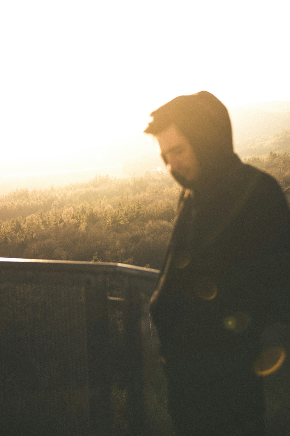 man standing beside railings with view of brown forest