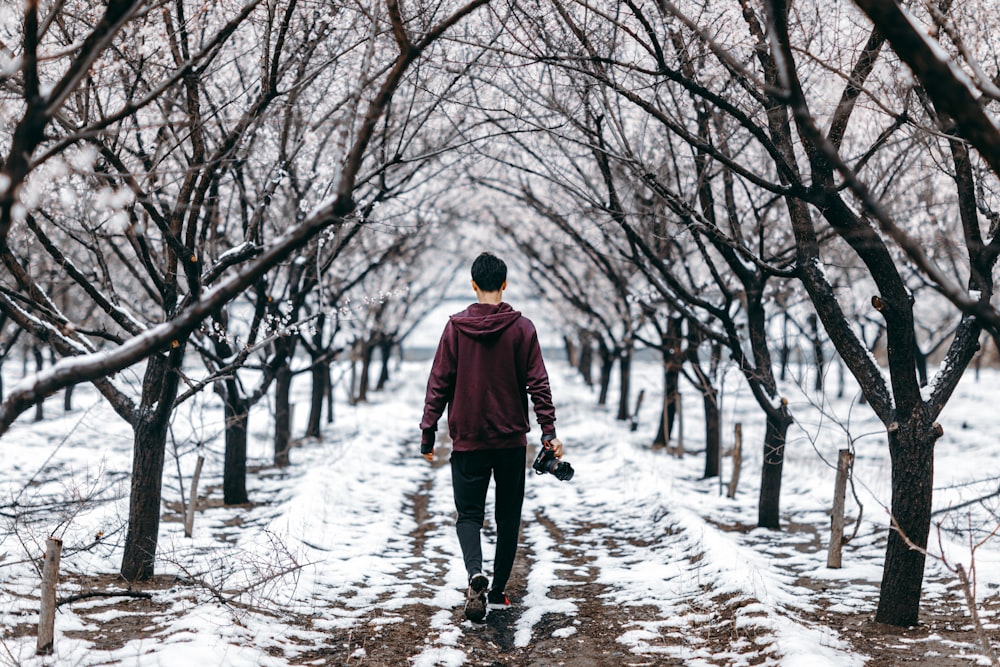 man walking across the road surrounded by bare trees