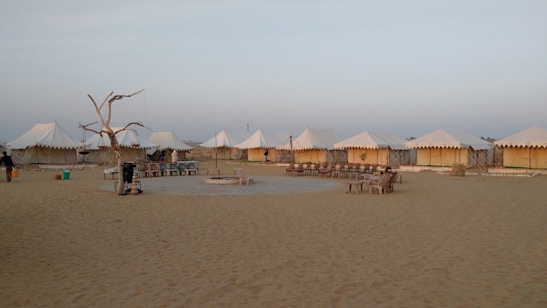 A desert campsite with several white tents arranged in a row. The area is sandy, and there is a ring of seating around a central fire pit. A dry, leafless tree stands to one side, surrounded by some basic outdoor furniture.