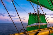 ship with green sail on sea