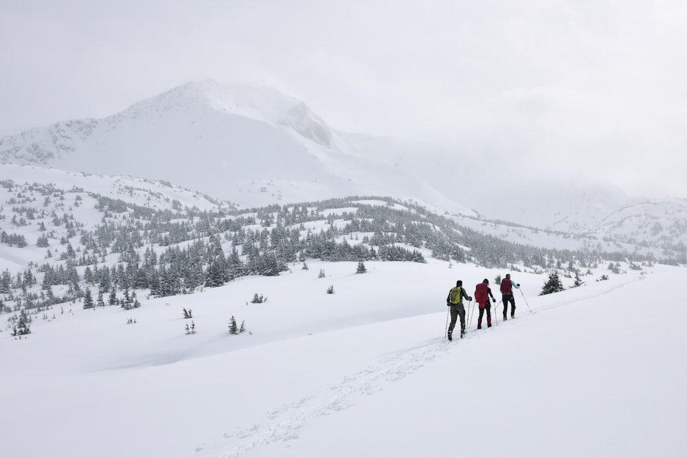 três pessoas caminhando na neve