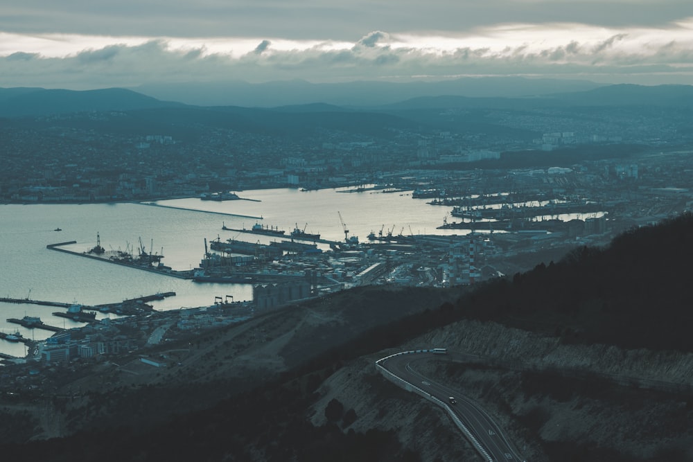 aerial photography of port near hill