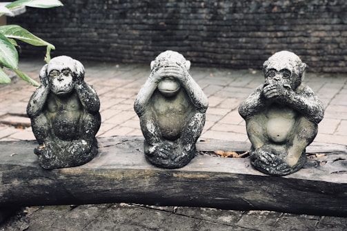 three wise monkeys statuette on log at daytime
