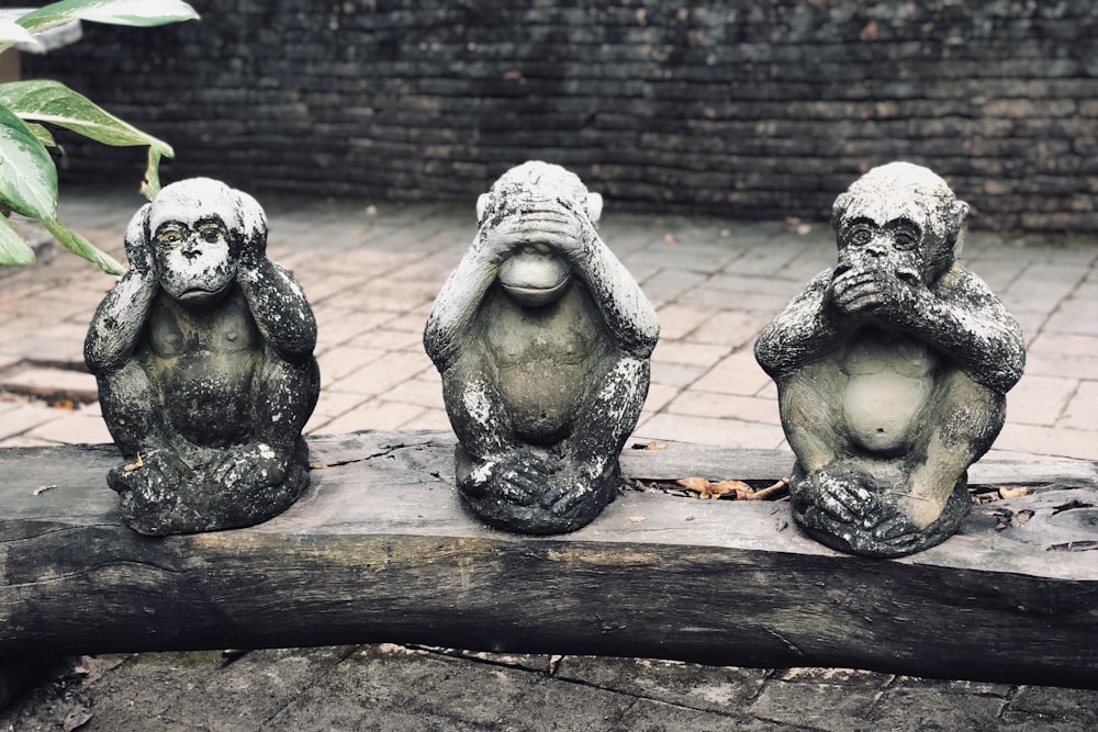 three wise monkeys statuette on log at daytime