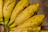 Close-up of a bunch of bright yellow Cavendish bananas with smooth peel on a wooden table.