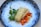 A gourmet dish featuring a piece of grilled or baked fish, garnished with herbs and small green leafy vegetables, accompanied by a colorful mix of diced carrots and possibly another root vegetable. The plate itself has a distinct design with a speckled blue rim.