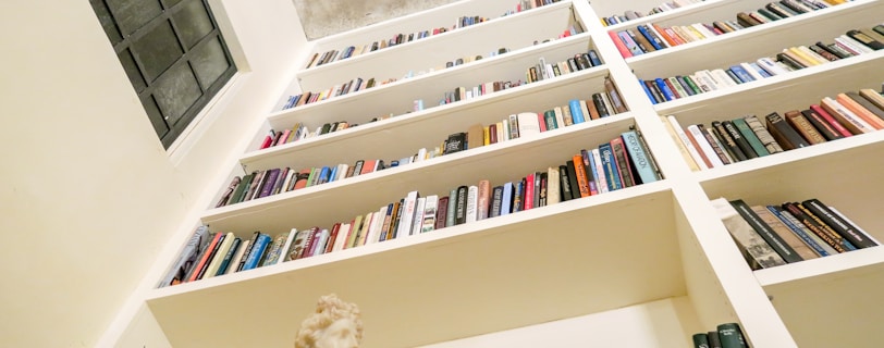 low angle photo of assorted book on bookshelf