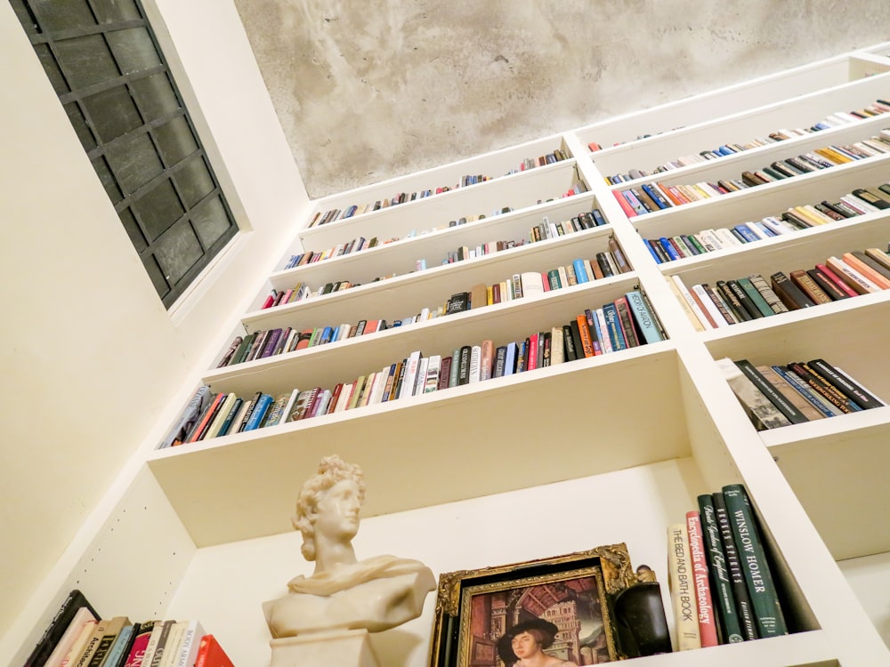 本棚の上の各種本のローアングル写真