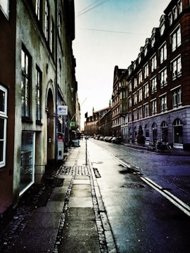 Cinematic still of a misty Copenhagen street at dawn, evoking quiet anticipation.
