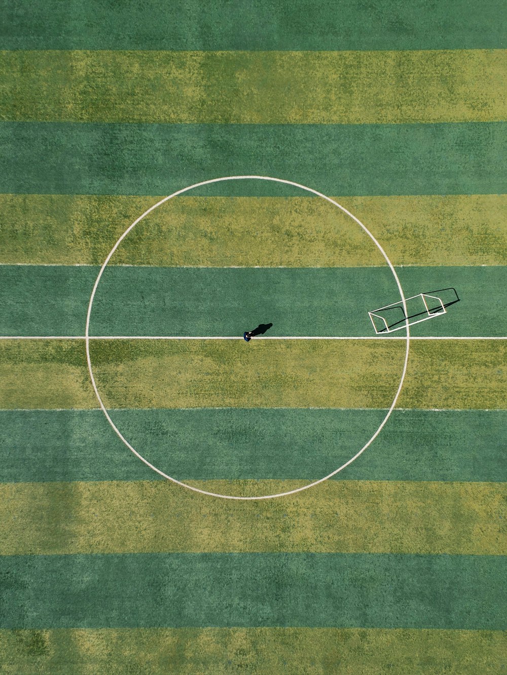 日中のサークルフィールドの間に立っている人の空中写真