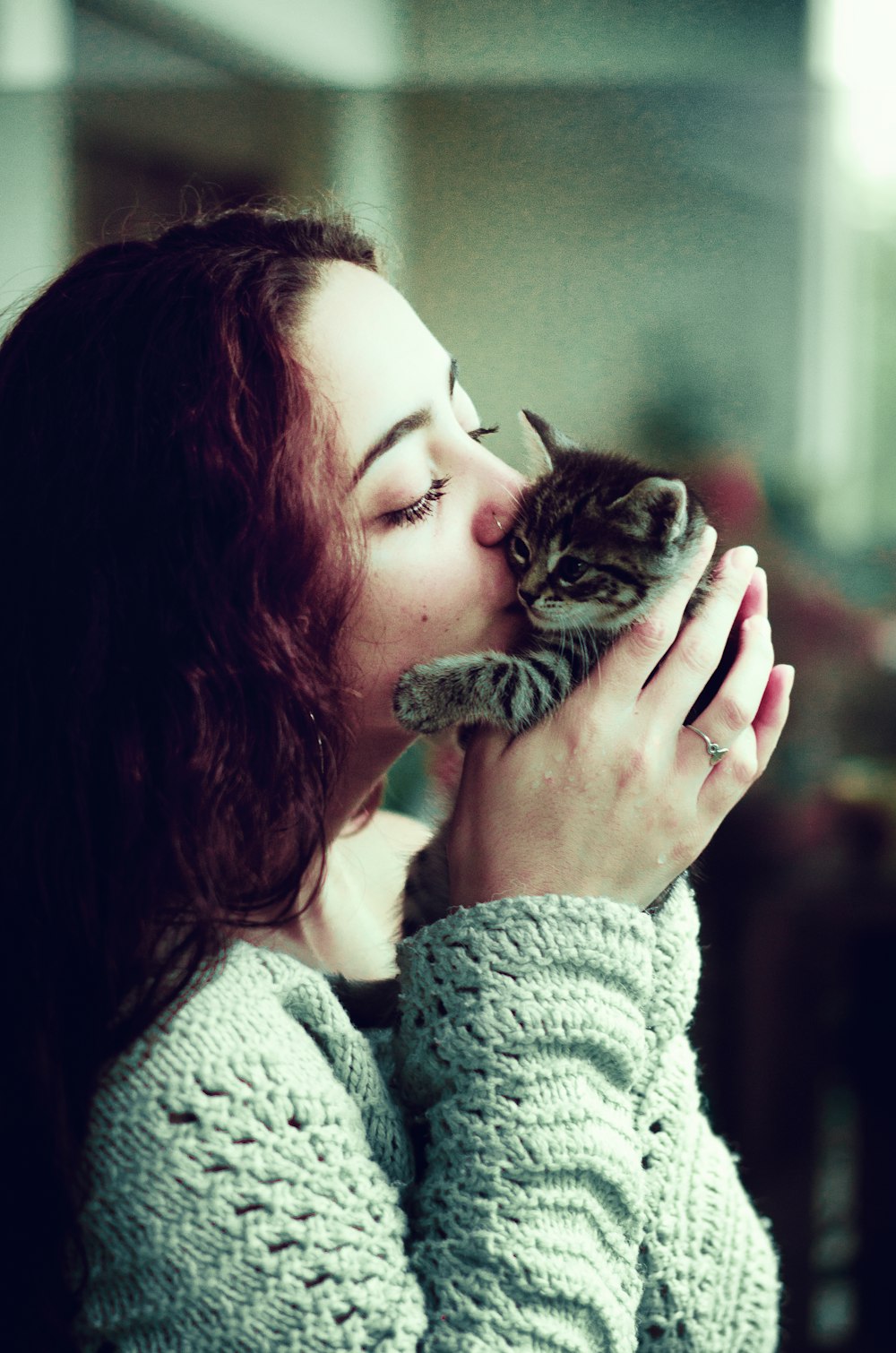 woman kissing gray tabby kitten