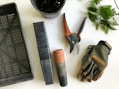 black pruning shears beside green gloves
