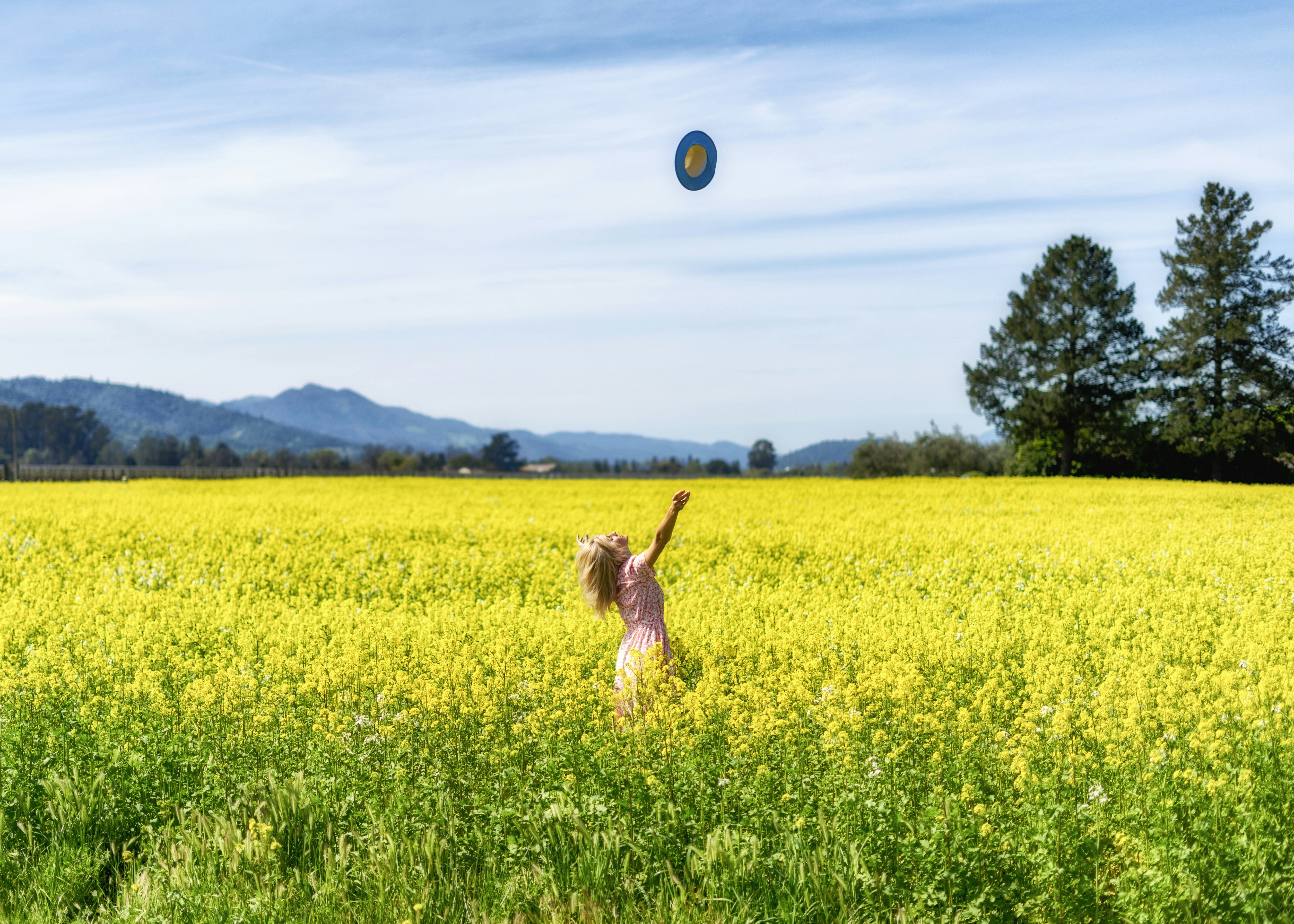 woman surrounded by yellow petaled flowers throwing hat upward