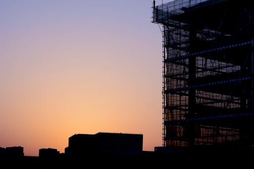 Wide shot of a completed scaffolding structure at sunset.