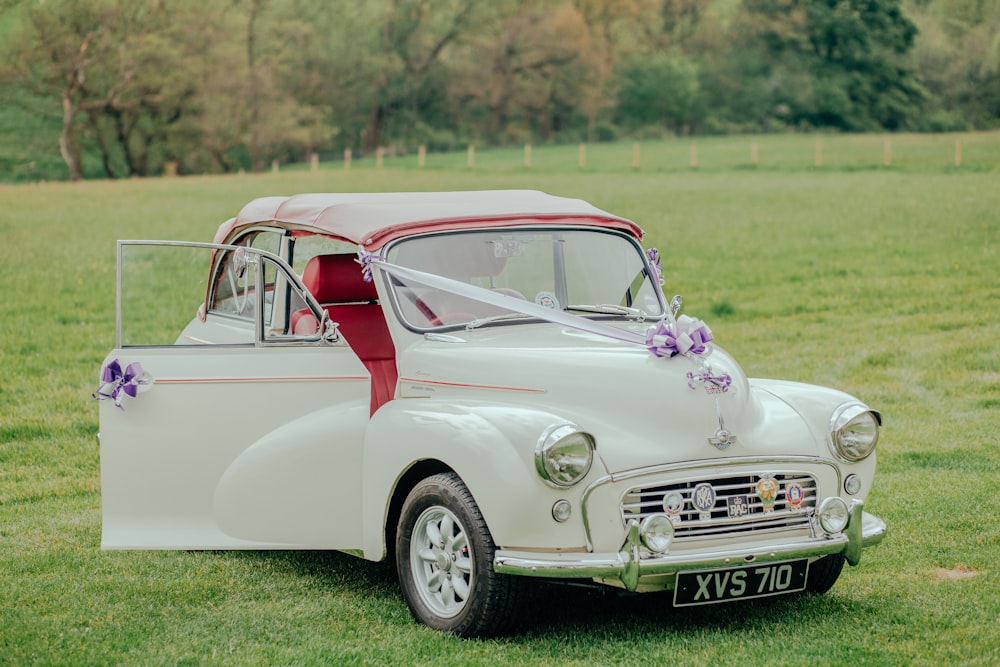 white coupe on green grass