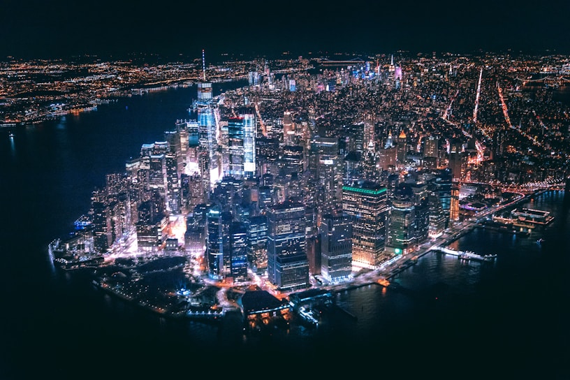 A stunning aerial view of a vibrant cityscape captured by a drone.