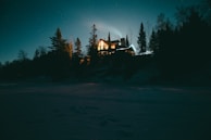 A cabin is illuminated in the midst of a dark, snowy forest with tall trees surrounding it. The night sky is clear and dotted with stars, creating a serene and peaceful atmosphere.