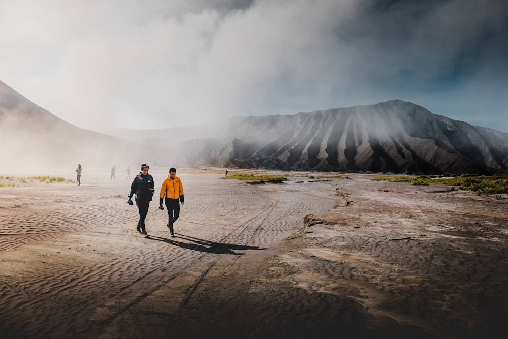 two person standing on brown sands