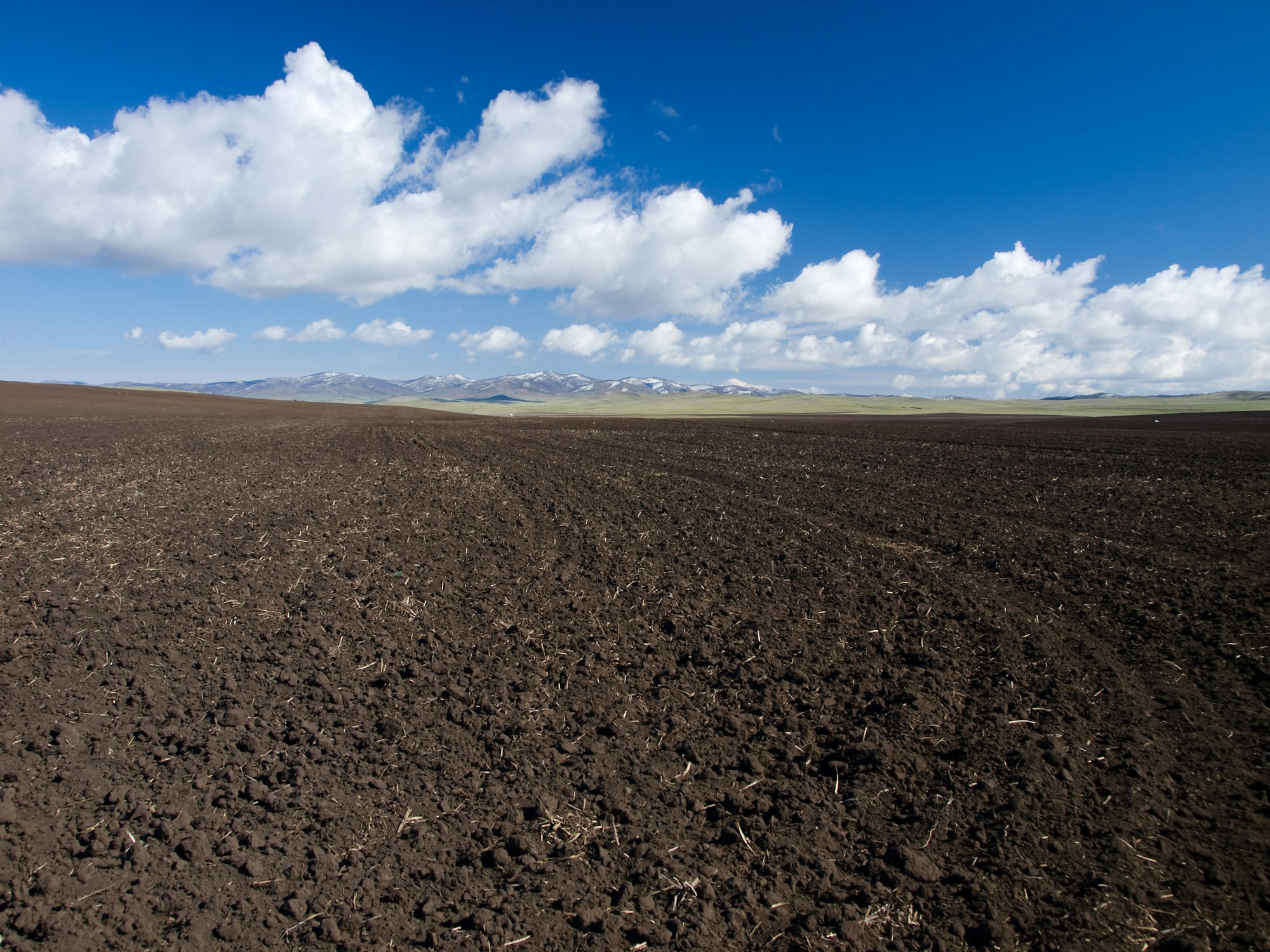 Freshly ploughed field and mountains landscape