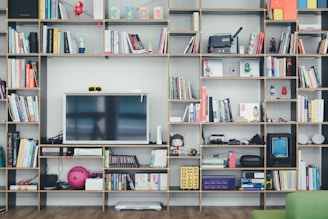 flat screen TV on brown wooden shelf