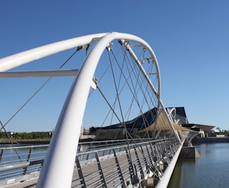 A modern bridge over a river representing the connection between academic institutions and universities.