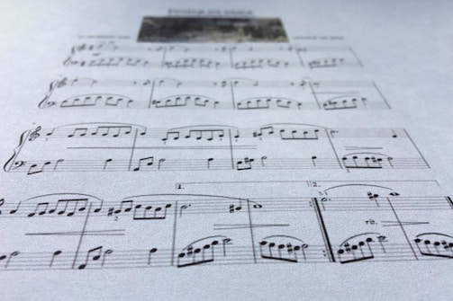A close-up view of a sheet of music displaying various musical notes and symbols, written in a traditional style on a plain background. The focus is on the arrangement of notes and the linear staff, conveying a sense of musical composition.