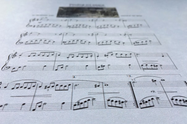 A close-up view of a sheet of music displaying various musical notes and symbols, written in a traditional style on a plain background. The focus is on the arrangement of notes and the linear staff, conveying a sense of musical composition.