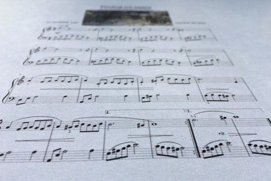 A close-up view of a sheet of music displaying various musical notes and symbols, written in a traditional style on a plain background. The focus is on the arrangement of notes and the linear staff, conveying a sense of musical composition.