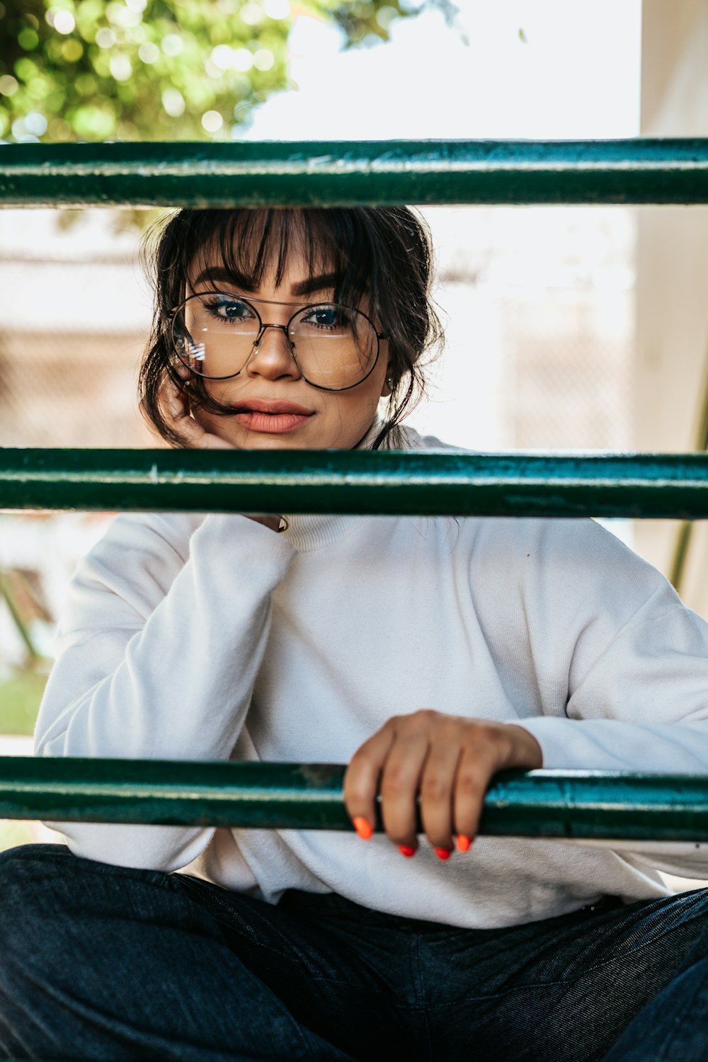 woman wearing white crew-neck sweatshirt