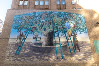 A group of children collaborating on a large mural representing growth and change.