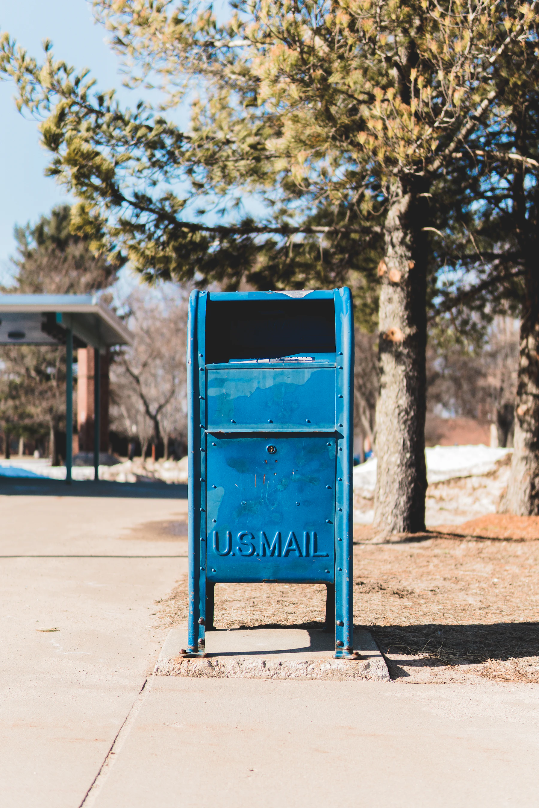 A blue U.S. Mail collection box on a sidewalk under trees