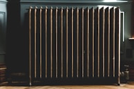 Classic cast iron radiator with intricate design in a vintage-style room.