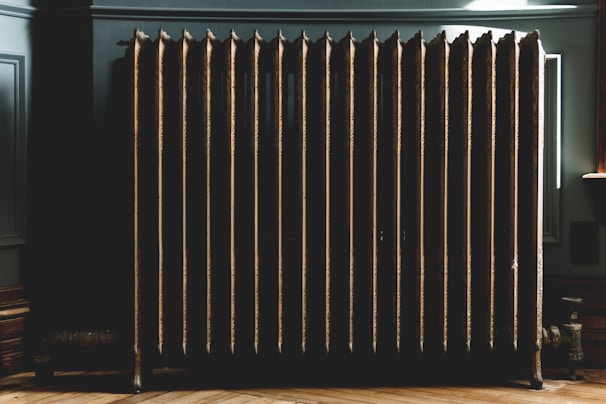A vintage radiator casting soft heat along a sunlit wooden floor.