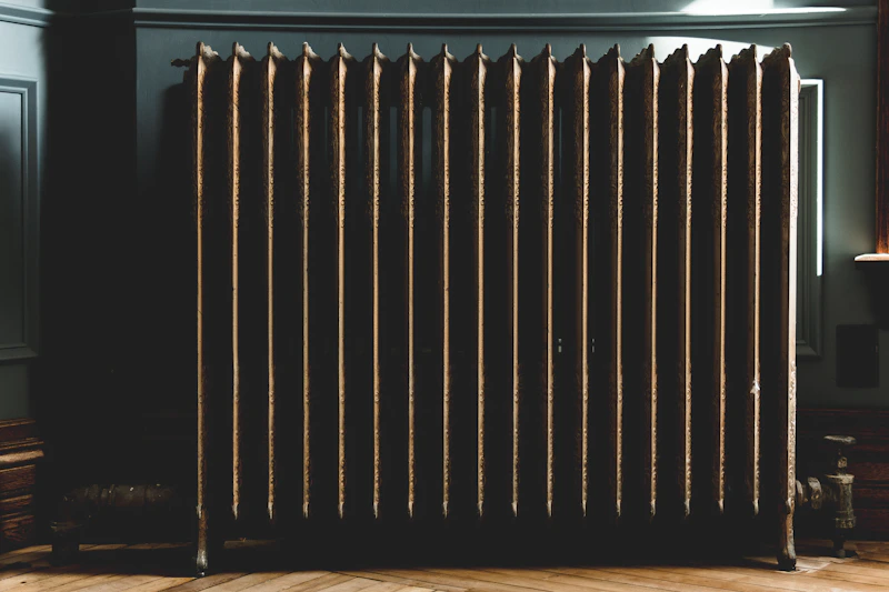 Radiador de aceite clásico junto a la pared de una habitación en invierno