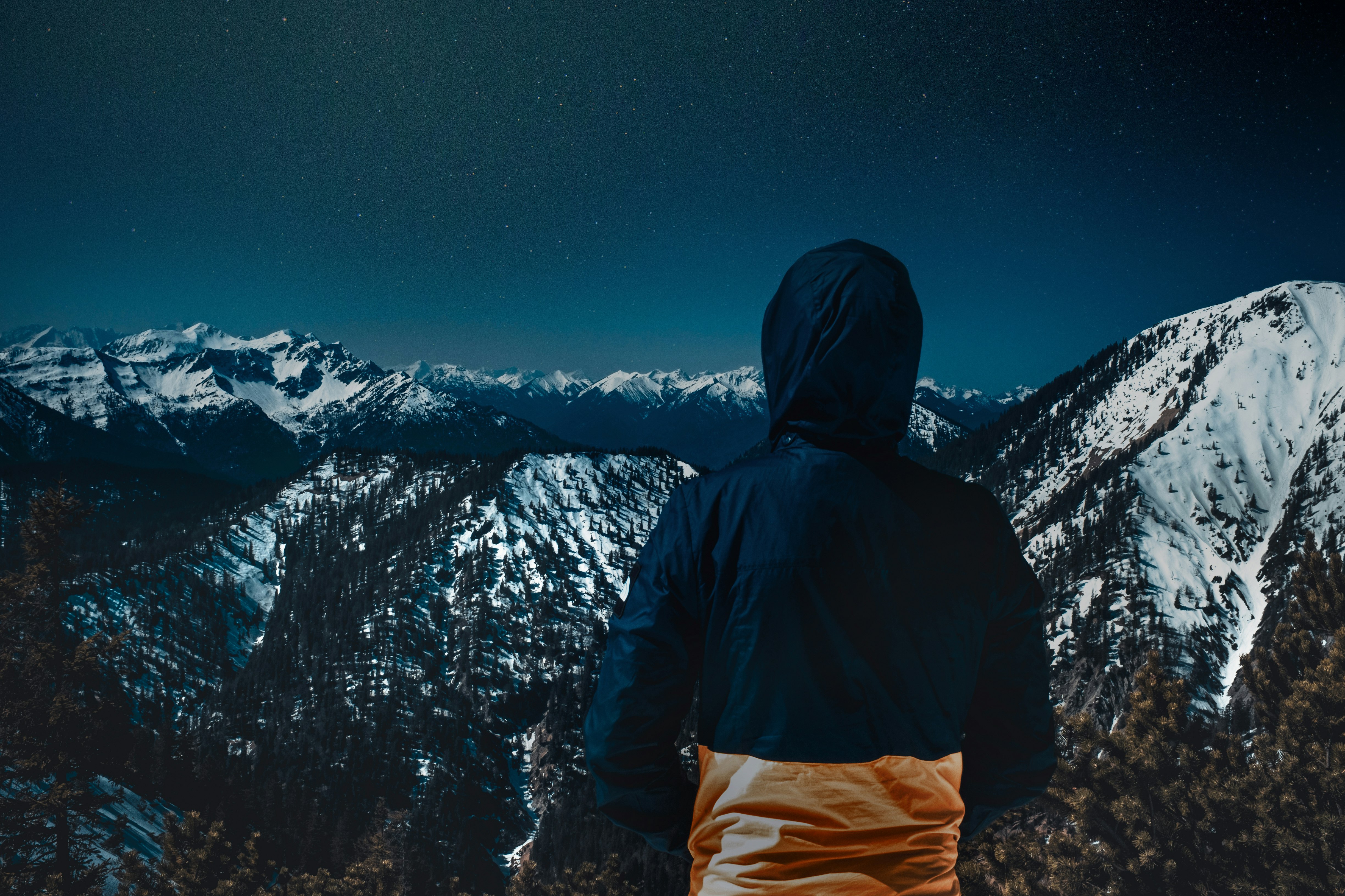 person wearing jacket facing mountains