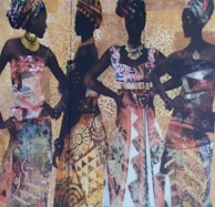 Four silhouetted women are adorned in vibrant, patterned dresses with matching head wraps, set against a textured background of warm tones and abstract designs. They stand in confident poses, highlighting their elegant attire and jewelry.