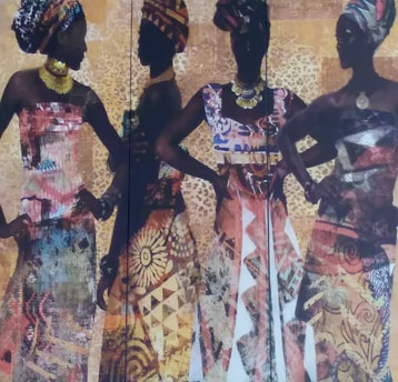 Four silhouetted women are adorned in vibrant, patterned dresses with matching head wraps, set against a textured background of warm tones and abstract designs. They stand in confident poses, highlighting their elegant attire and jewelry.