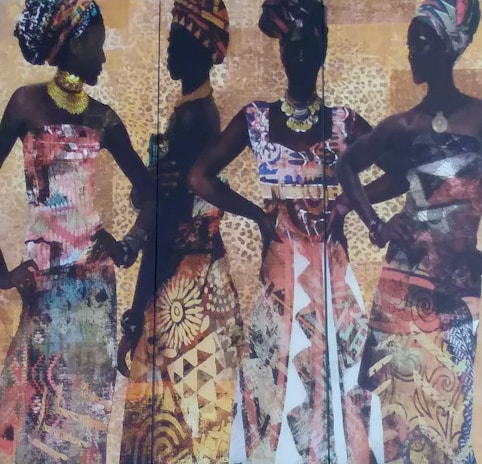 Four silhouetted women are adorned in vibrant, patterned dresses with matching head wraps, set against a textured background of warm tones and abstract designs. They stand in confident poses, highlighting their elegant attire and jewelry.