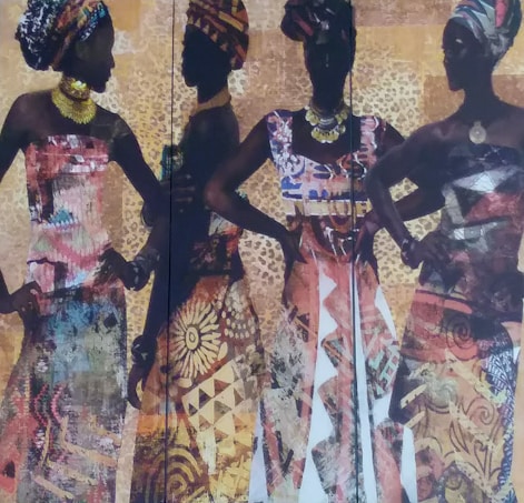 Four silhouetted women are adorned in vibrant, patterned dresses with matching head wraps, set against a textured background of warm tones and abstract designs. They stand in confident poses, highlighting their elegant attire and jewelry.