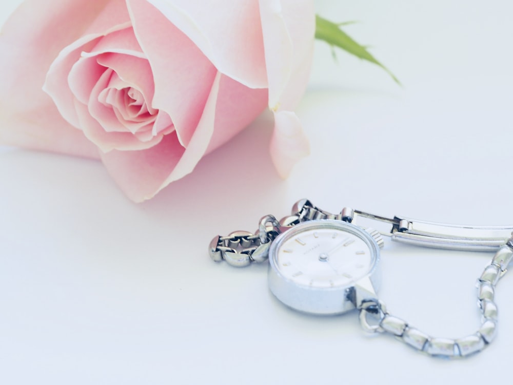 Orologio analogico bianco rotondo accanto alla rosa rosa