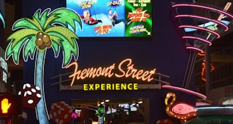 Colorful neon signs featuring a large palm tree, a flamingo, and dice prominently displayed. Above, an advertisement shows people ziplining with vibrant colors. The iconic 'Fremont Street Experience' sign is illuminated in bright lettering.