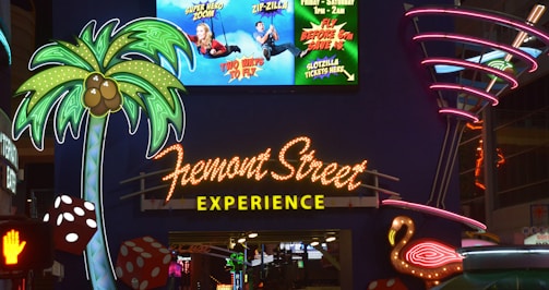 Colorful neon signs featuring a large palm tree, a flamingo, and dice prominently displayed. Above, an advertisement shows people ziplining with vibrant colors. The iconic 'Fremont Street Experience' sign is illuminated in bright lettering.