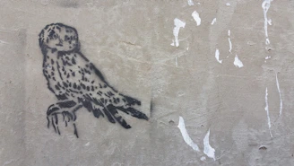 A gritty black-and-white photo of the opossum mascot spray-painting a hot pink stencil on a cracked concrete wall.